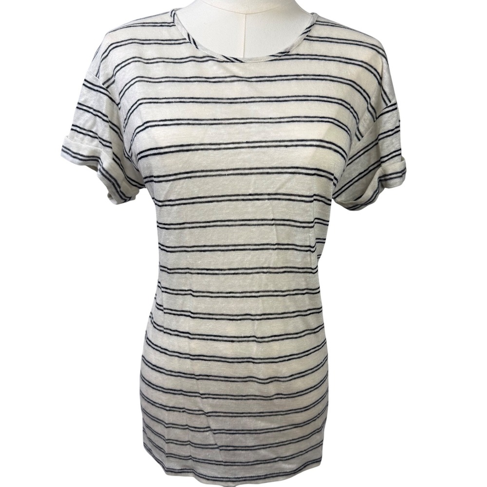 Vince 100% Linen Top Womens Small White Black Short Sleeve Cuffed Nautical